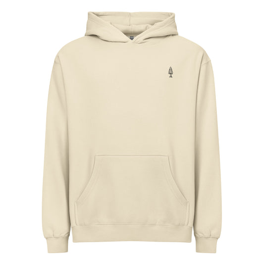 Beige hoodie with a small logo on the chest against a white background