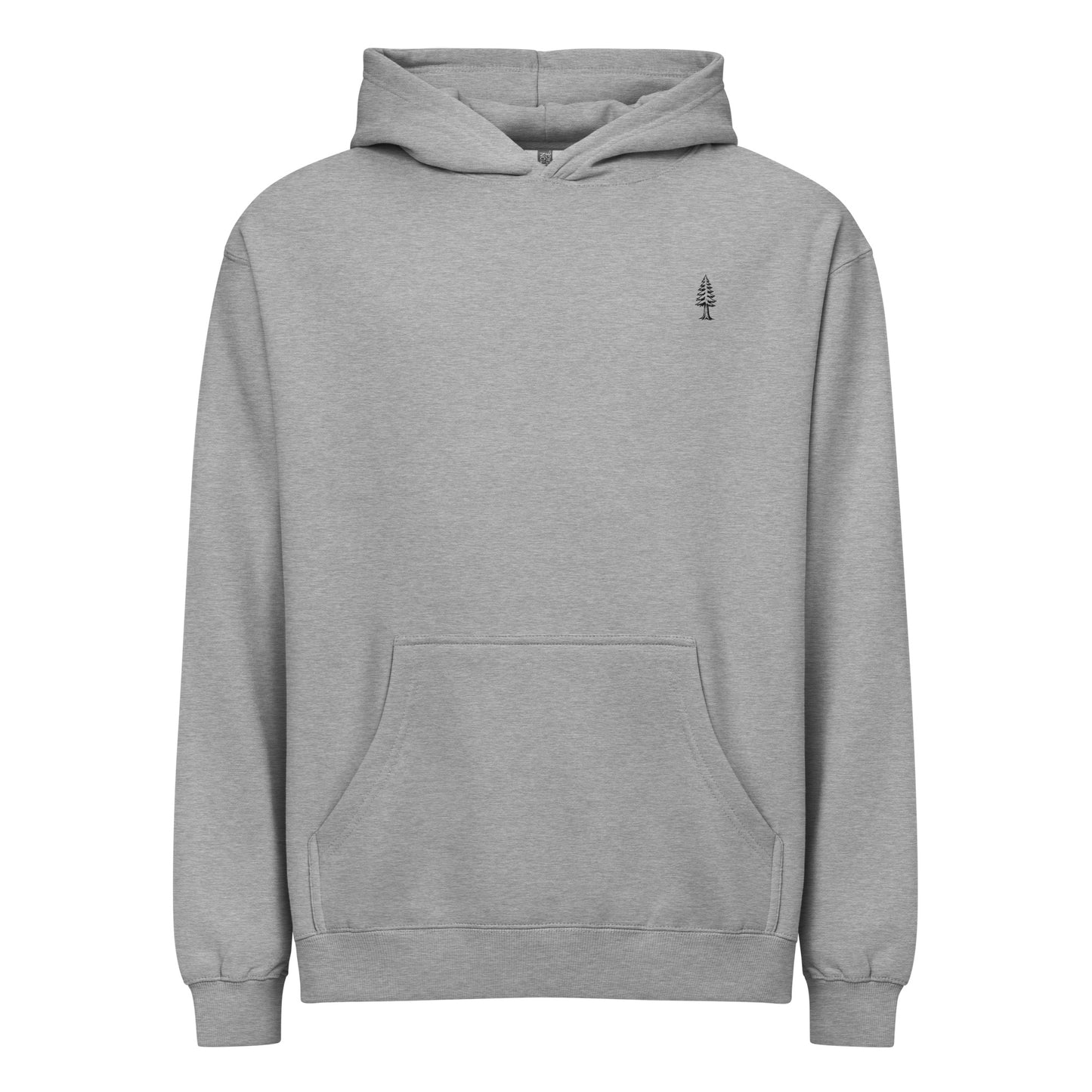 Gray hoodie with a small logo on the chest against a white background