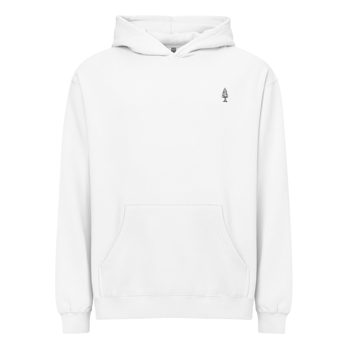 White hoodie with a small logo on the chest against a white background
