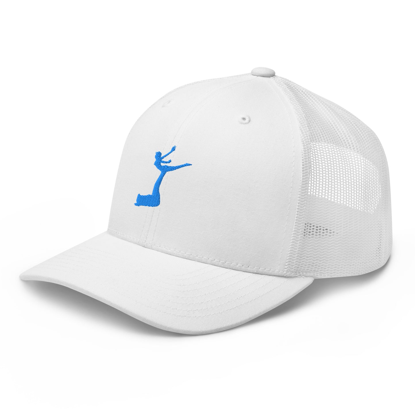 White cap with blue embroidered design on a white background