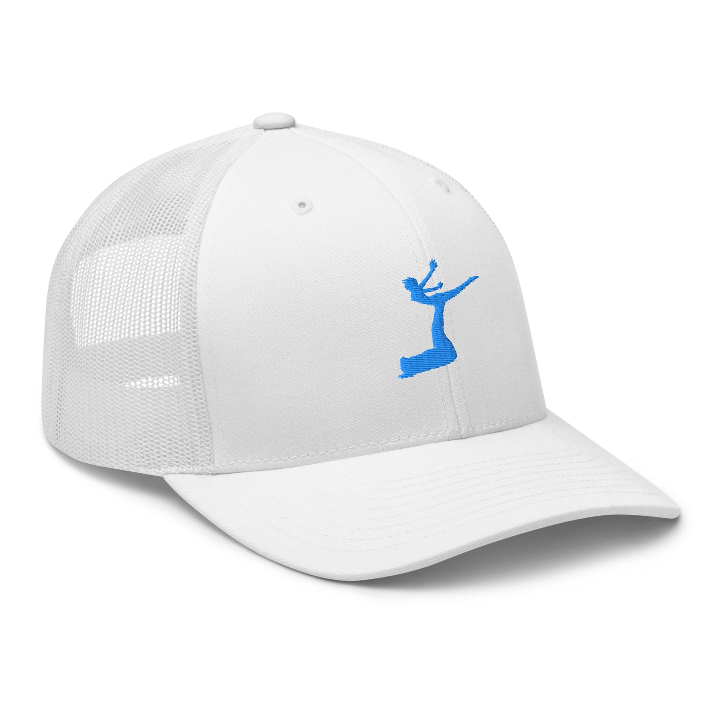 White cap with a blue logo on a white background
