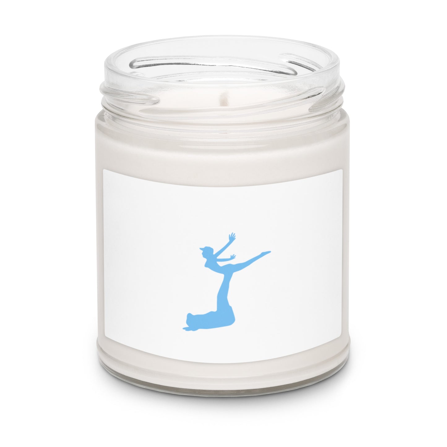 Air Jordon Logo of a man holding a woman in blue on the label of an open candle jar and white soy color.