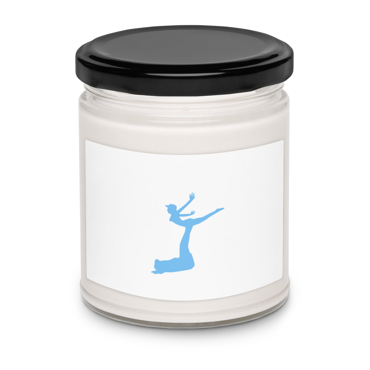 Air Jordon Logo of a man holding a woman in blue on the label of a candle with a black top on and white soy color.