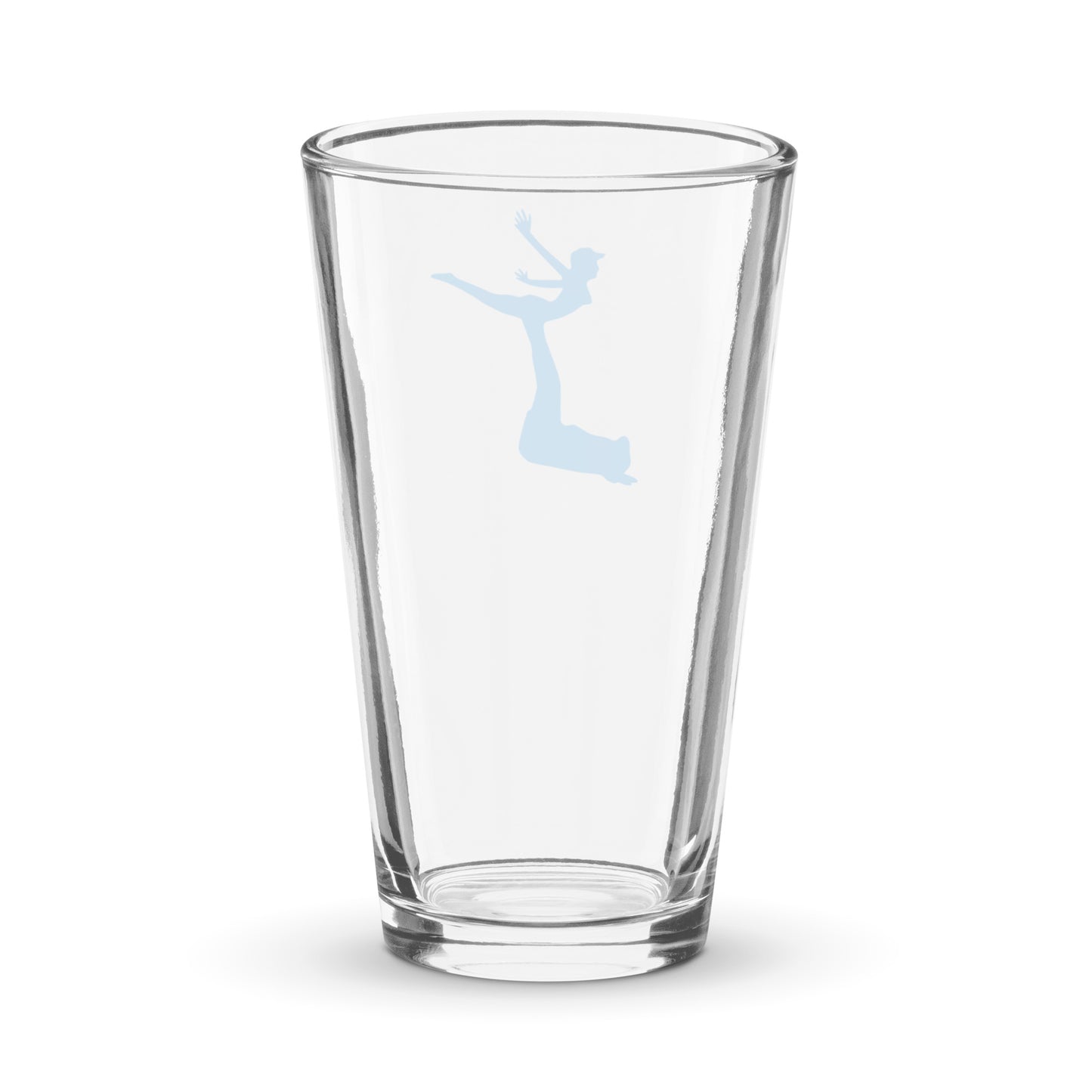 Air Jordon Logo of a man holding a woman in blue on a clear glass pint glass (seen through back of glass).