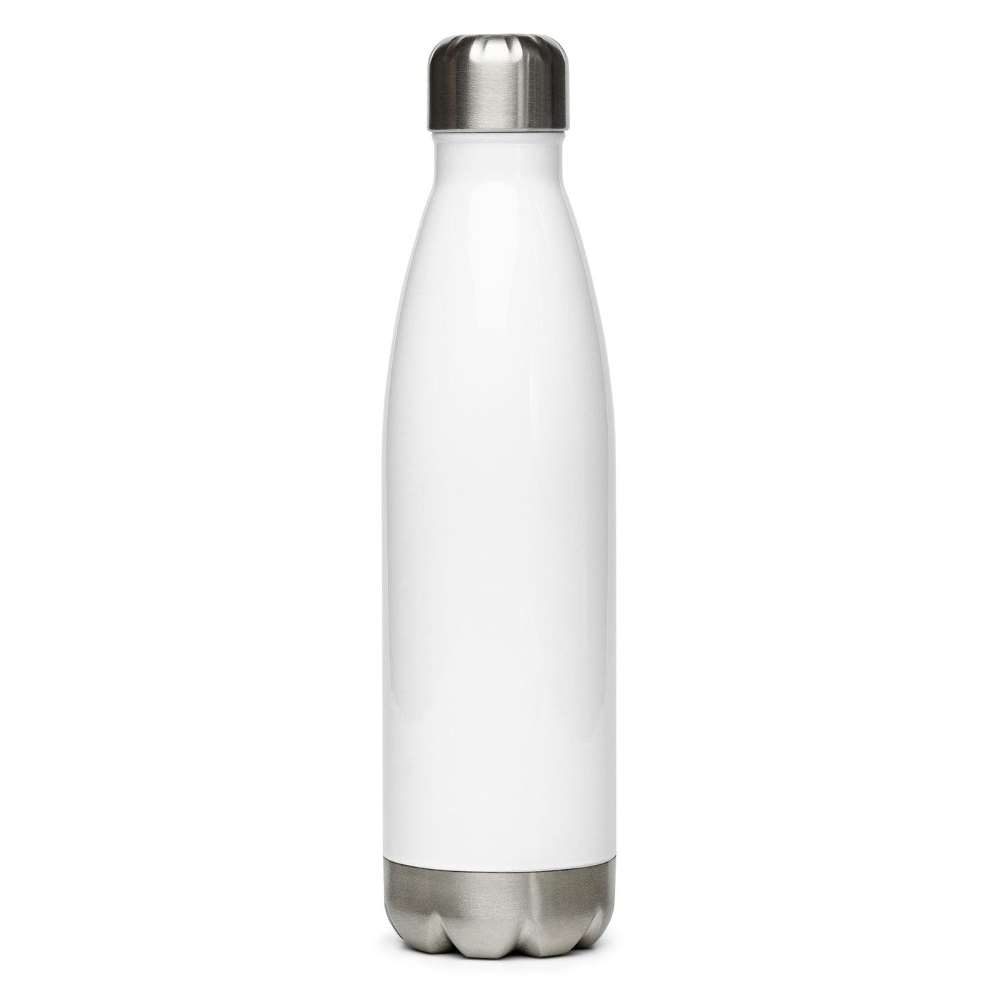 White insulated bottle with silver lid and base on a white background