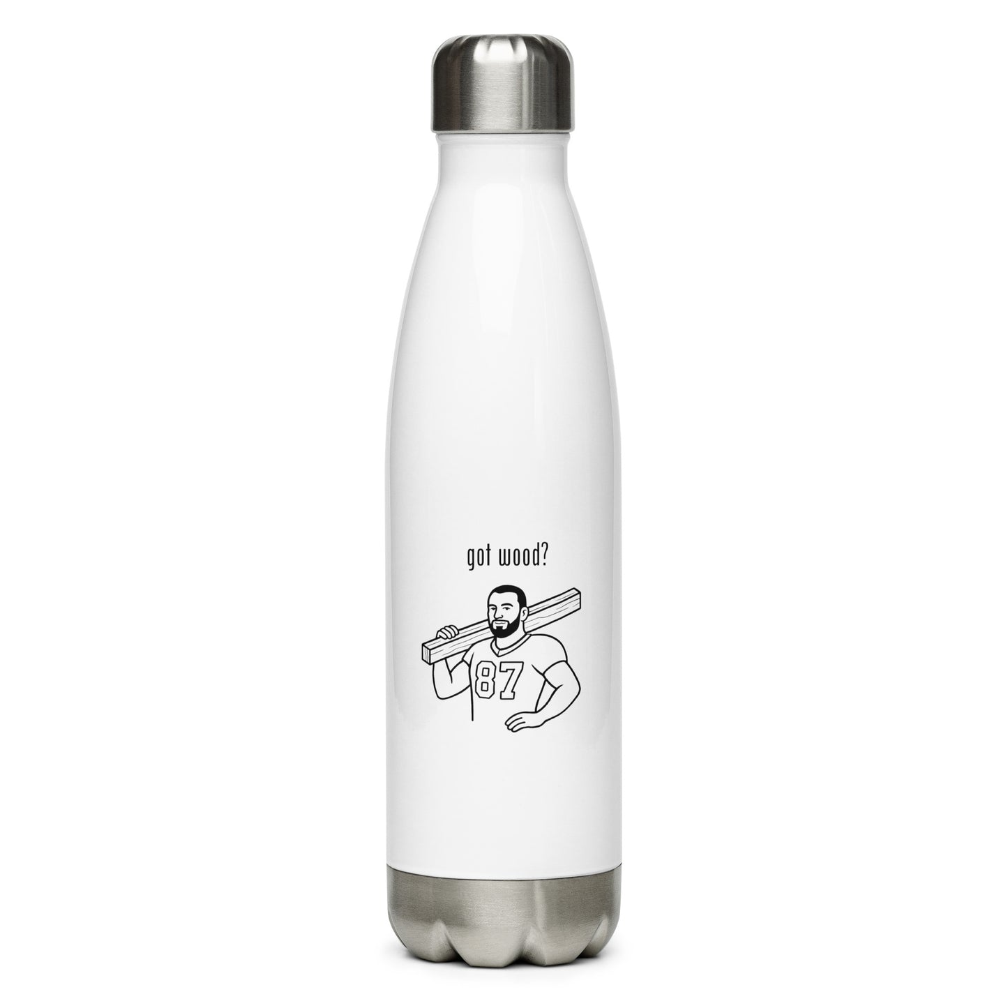 White water bottle with black graphic and text on a white background