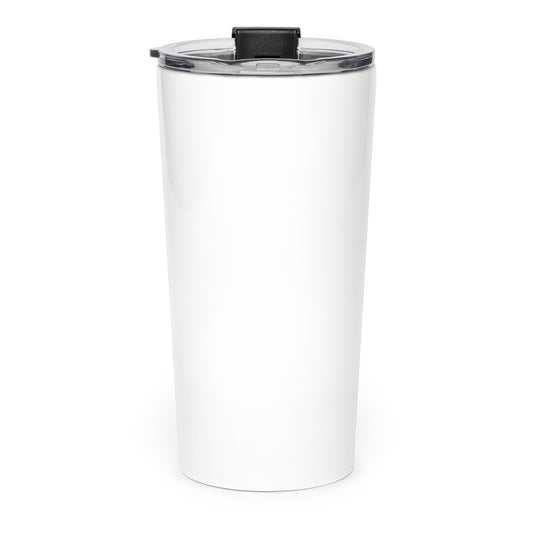 White tumbler with a black lid on a white background