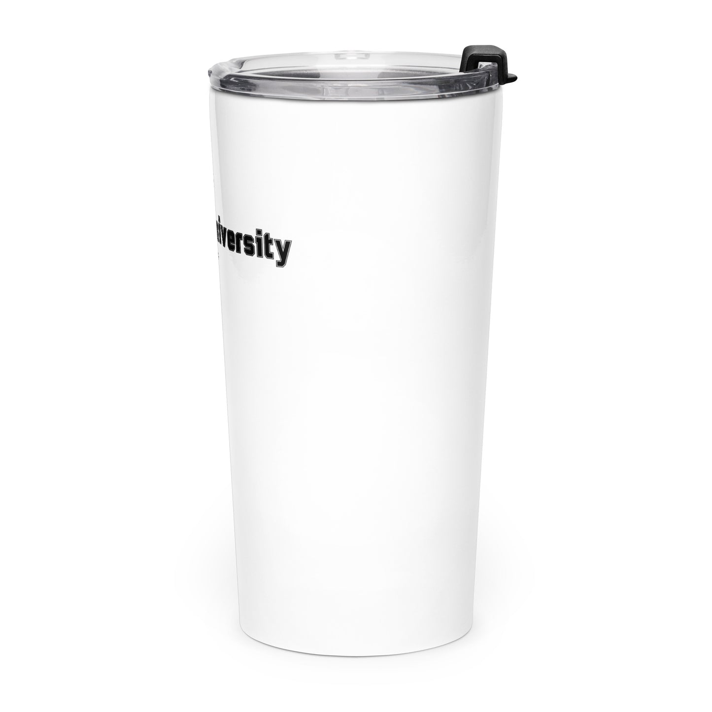 White tumbler with 'University' text on a white background