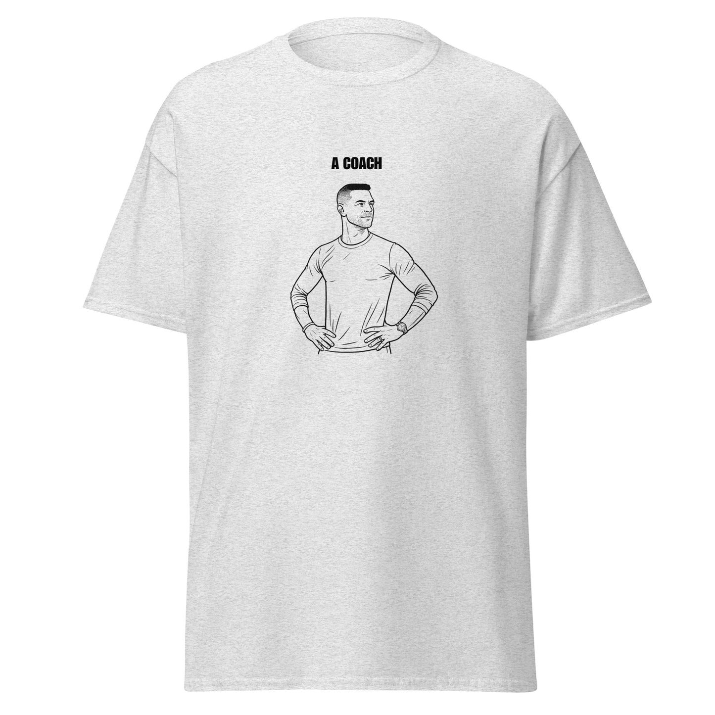 Gray t-shirt with a graphic of a coach and text on a white background
