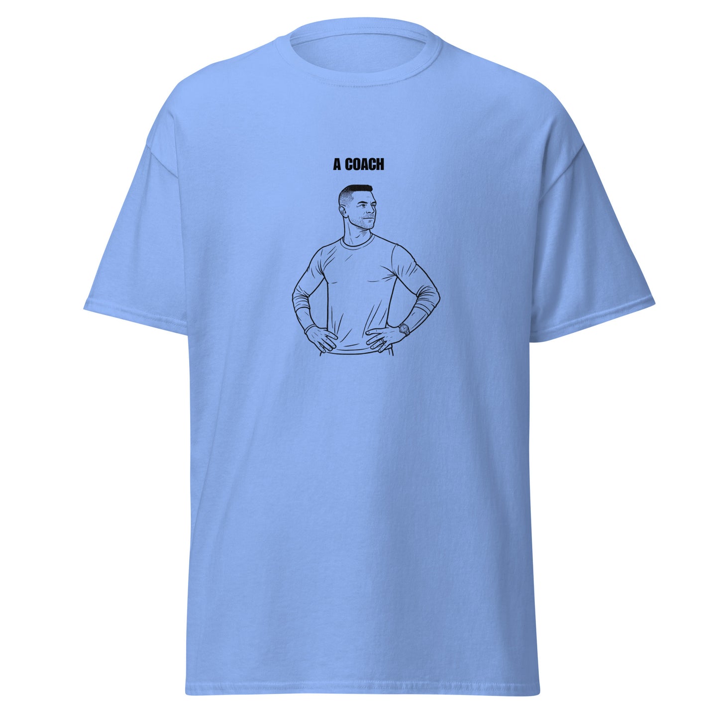 Light blue t-shirt with a graphic of a coach and text on a white background