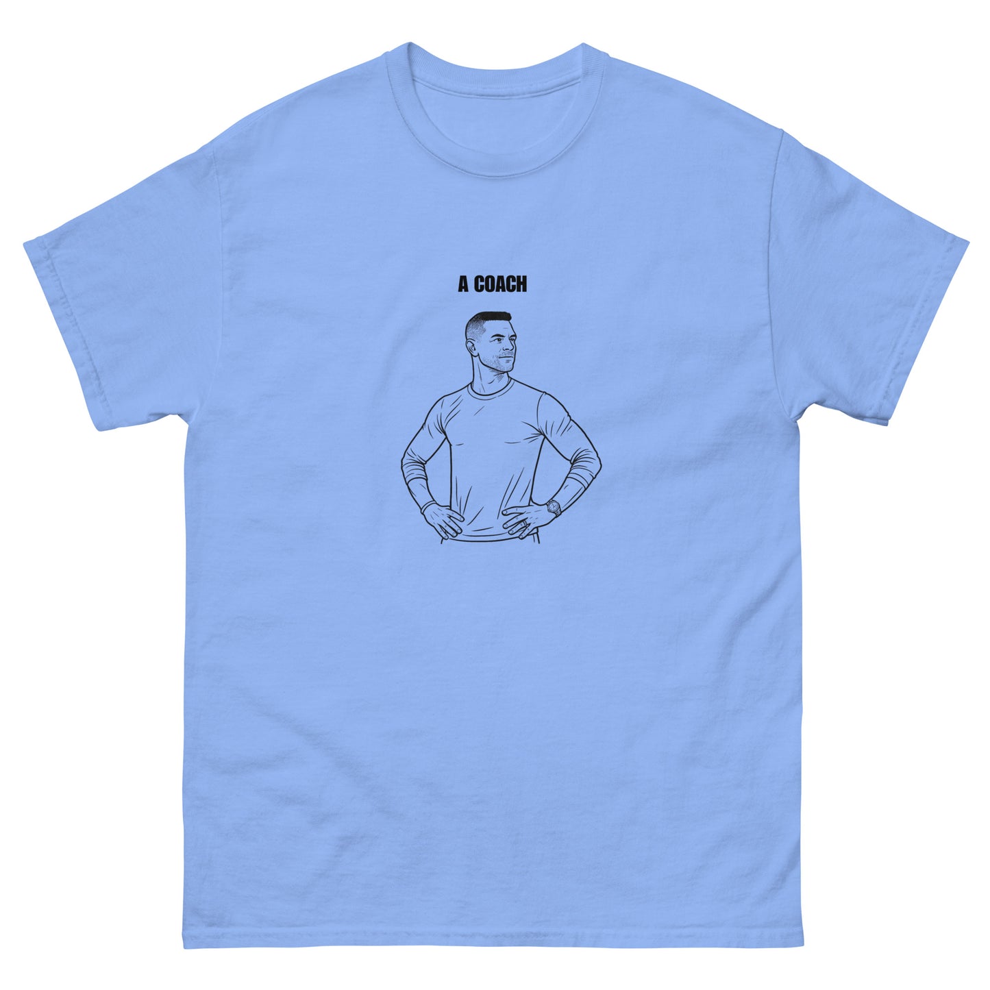 Blue shirt with a picture of a coach