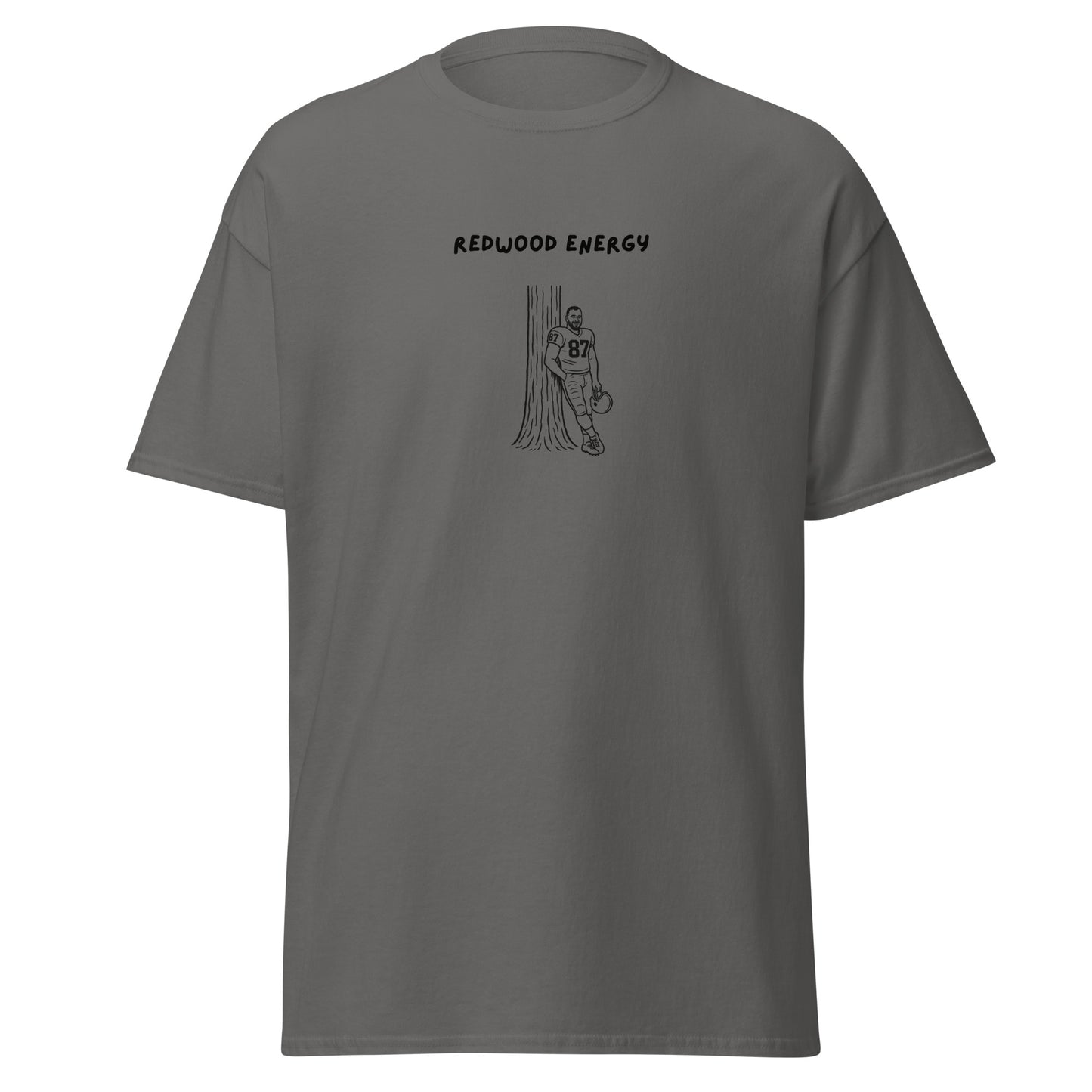 Gray t-shirt with 'Redwood Energy' text and graphic on a white background