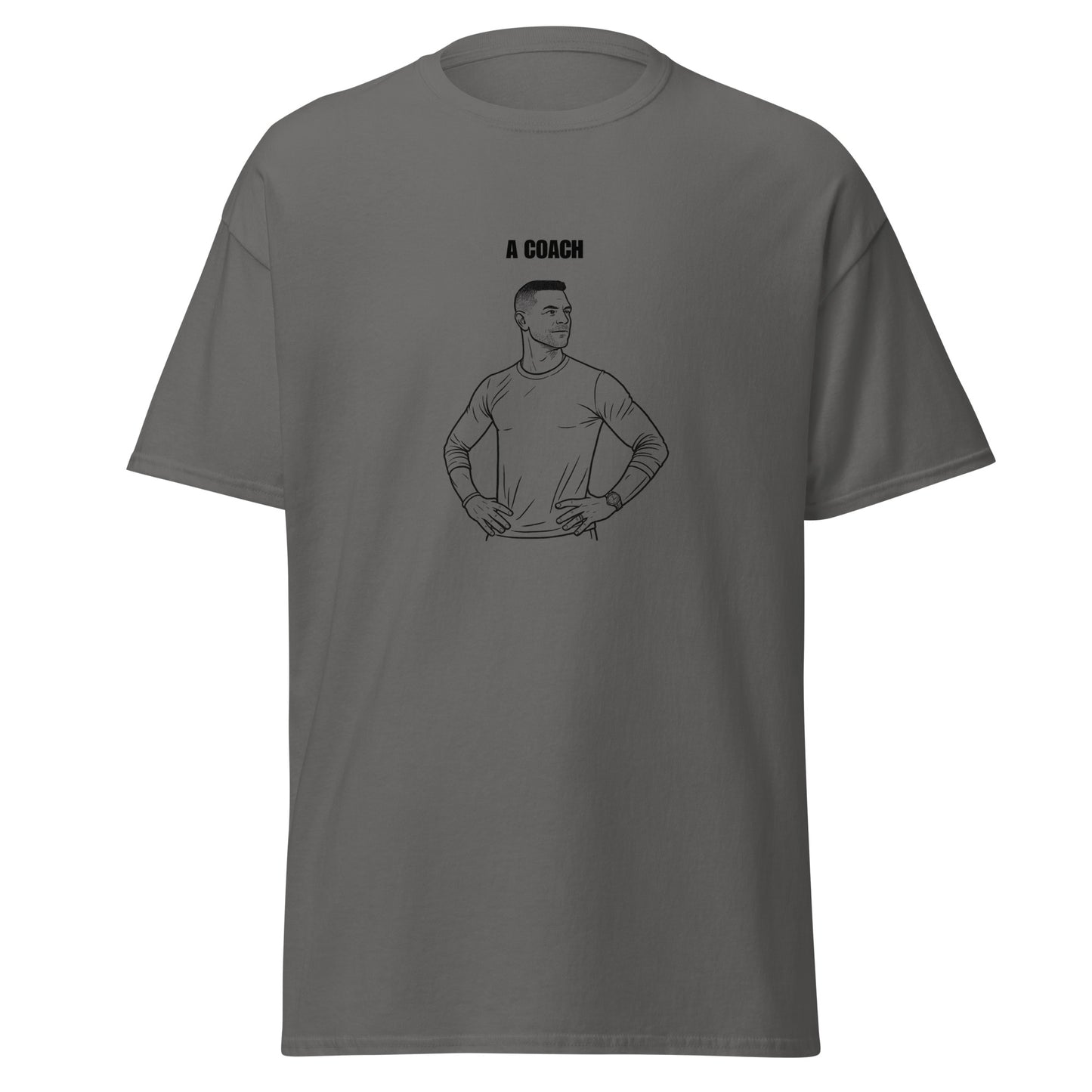 Gray t-shirt with a graphic of a coach and text on a white background