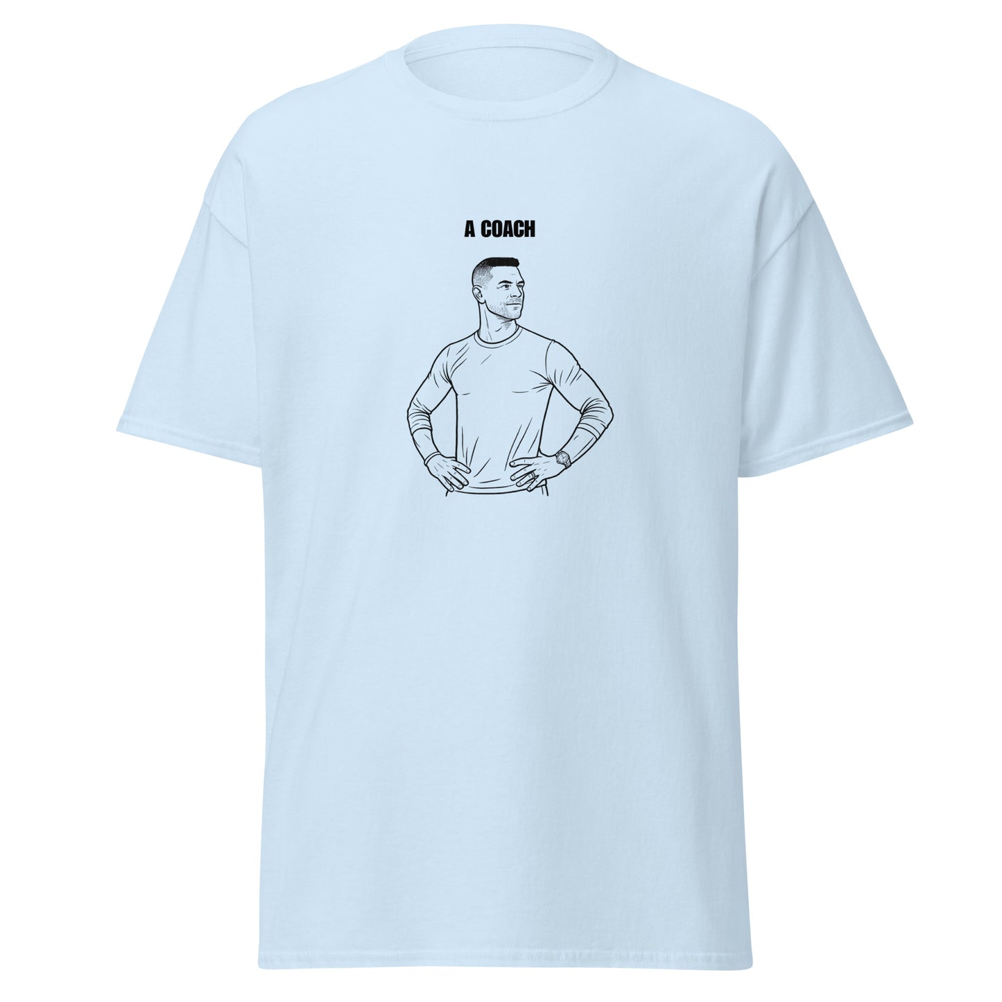 Light blue t-shirt with a graphic of a coach and text on a white background
