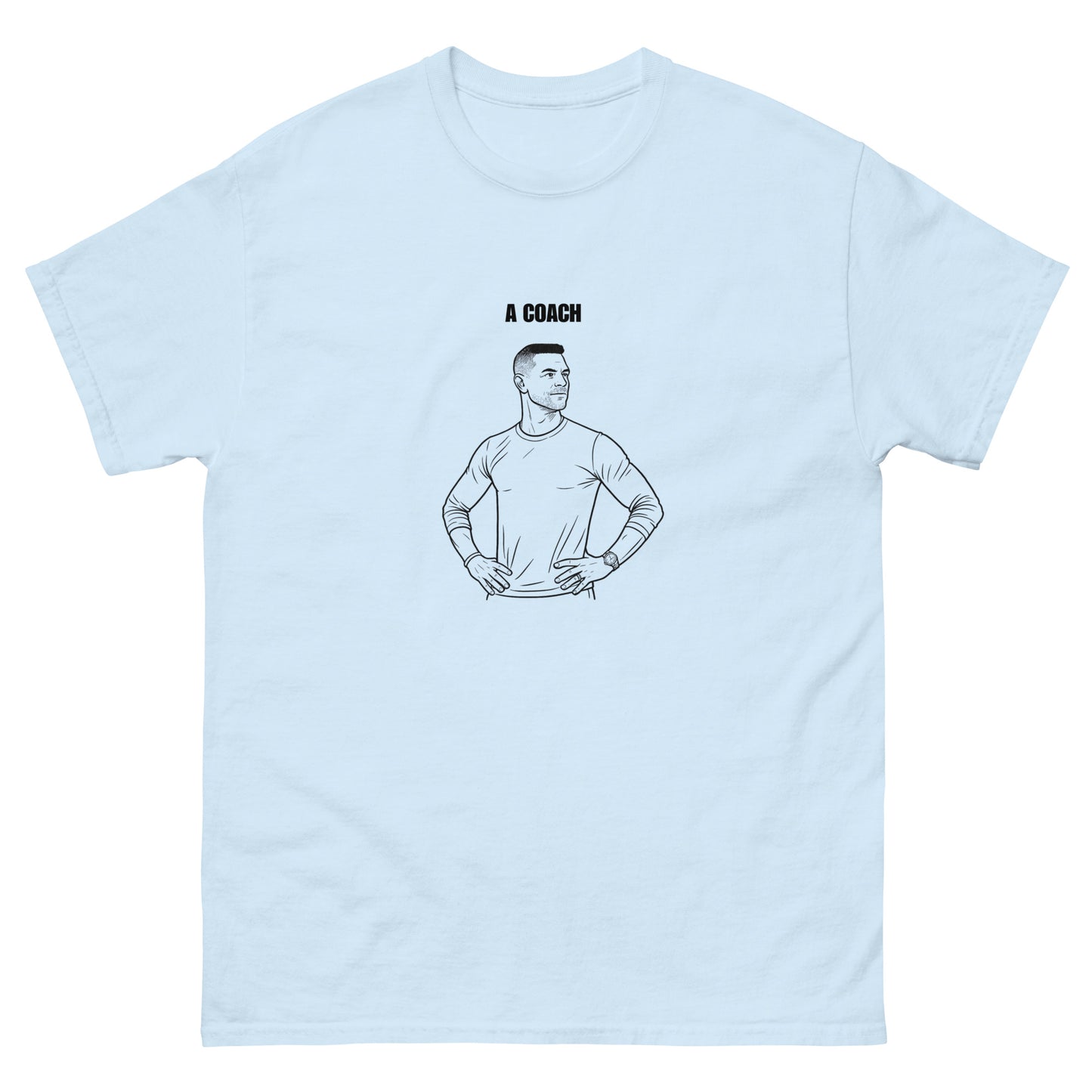 Light blue t-shirt with a graphic of a coach and text on a white background