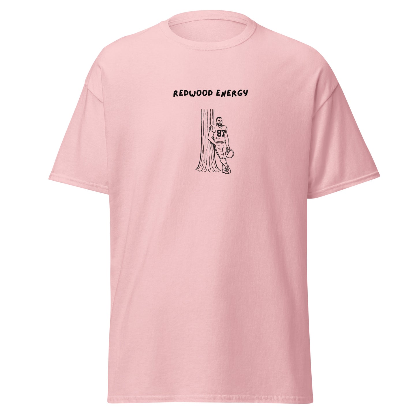Pink t-shirt with a graphic design and text on a white background