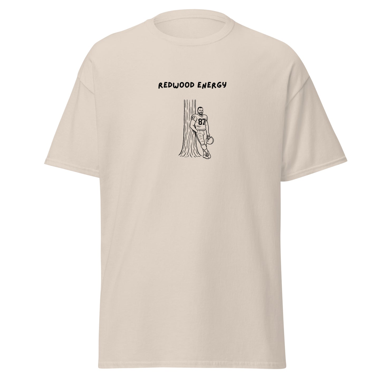 Beige t-shirt with graphic design and text 'Redwood Energy' on a white background