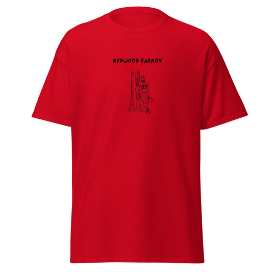 Red t-shirt with black graphic and text on a white background