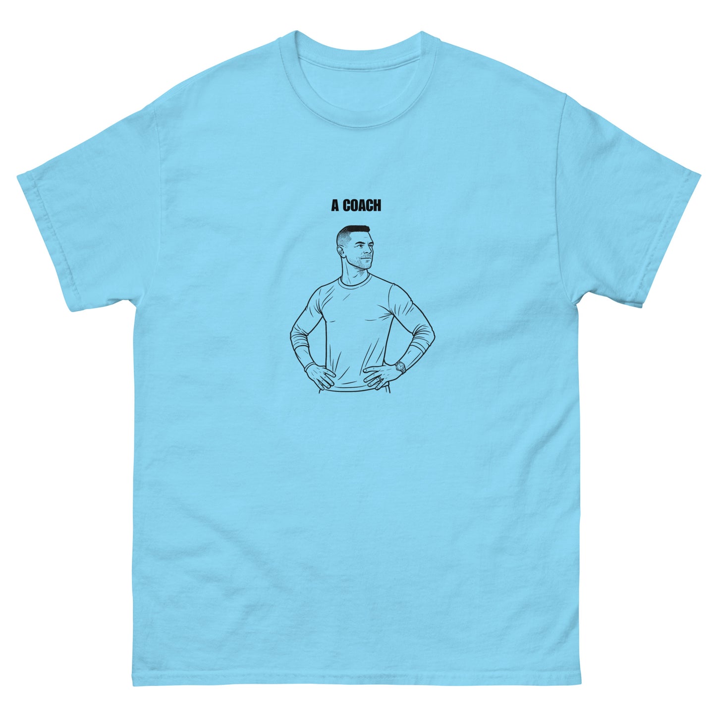 Light blue t-shirt with a graphic of a person and text 'A Coach' on a white background