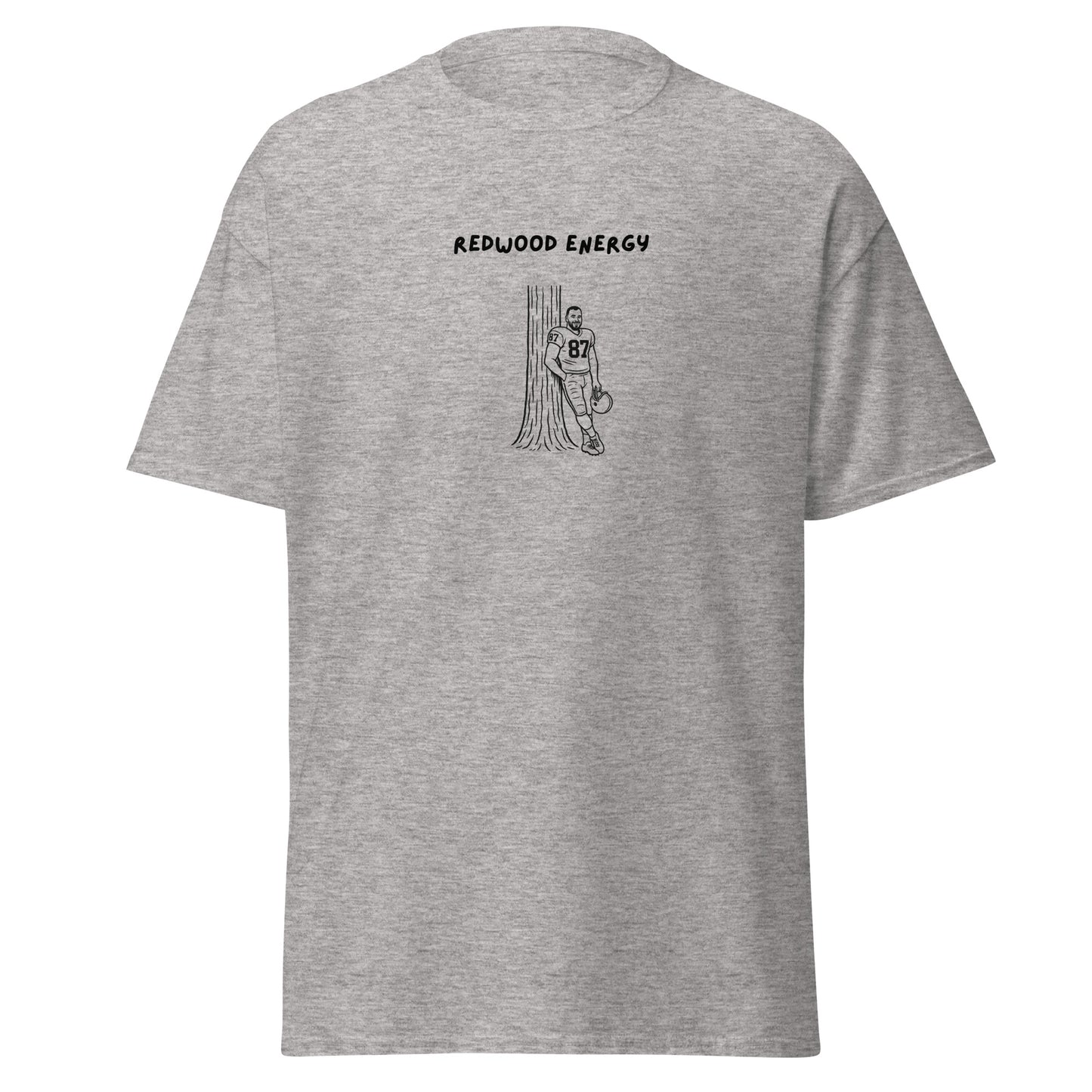 Gray t-shirt with black graphic and 'Redwood Energy' text on a white background