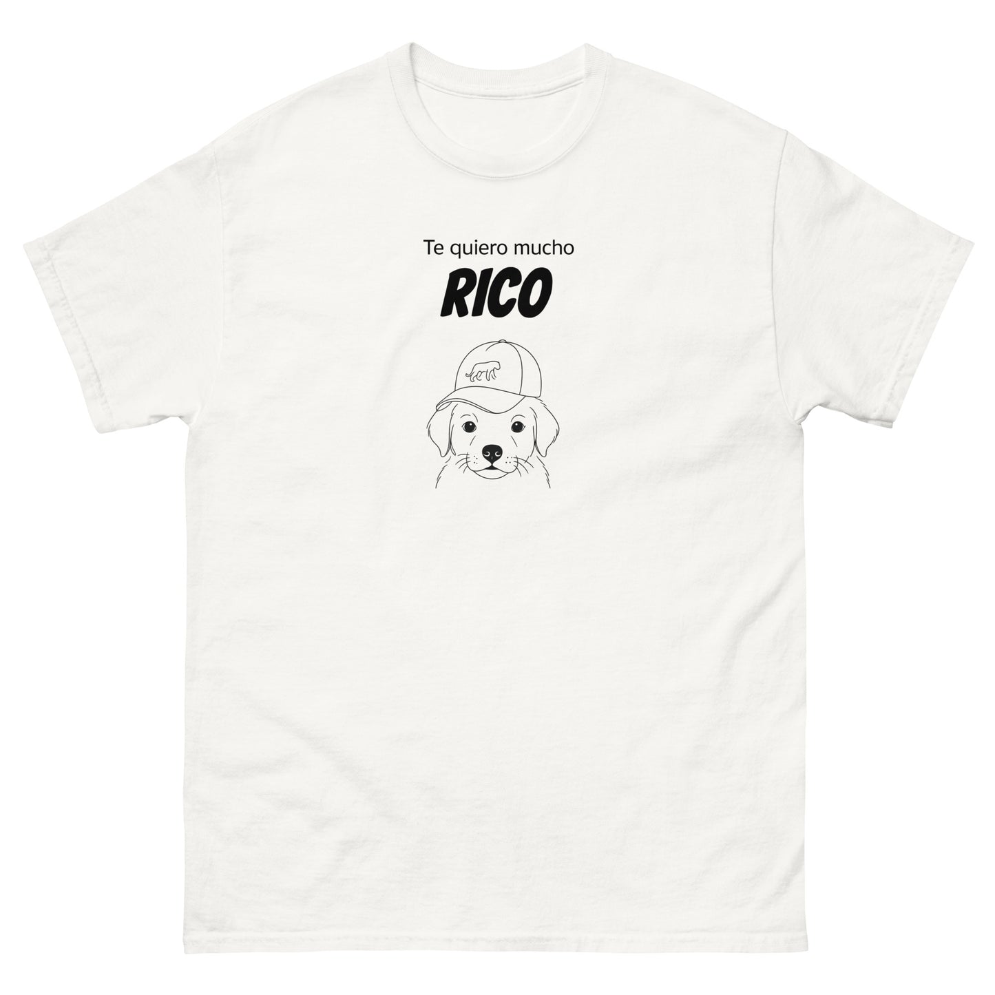 White t-shirt with a dog graphic and text on a white background