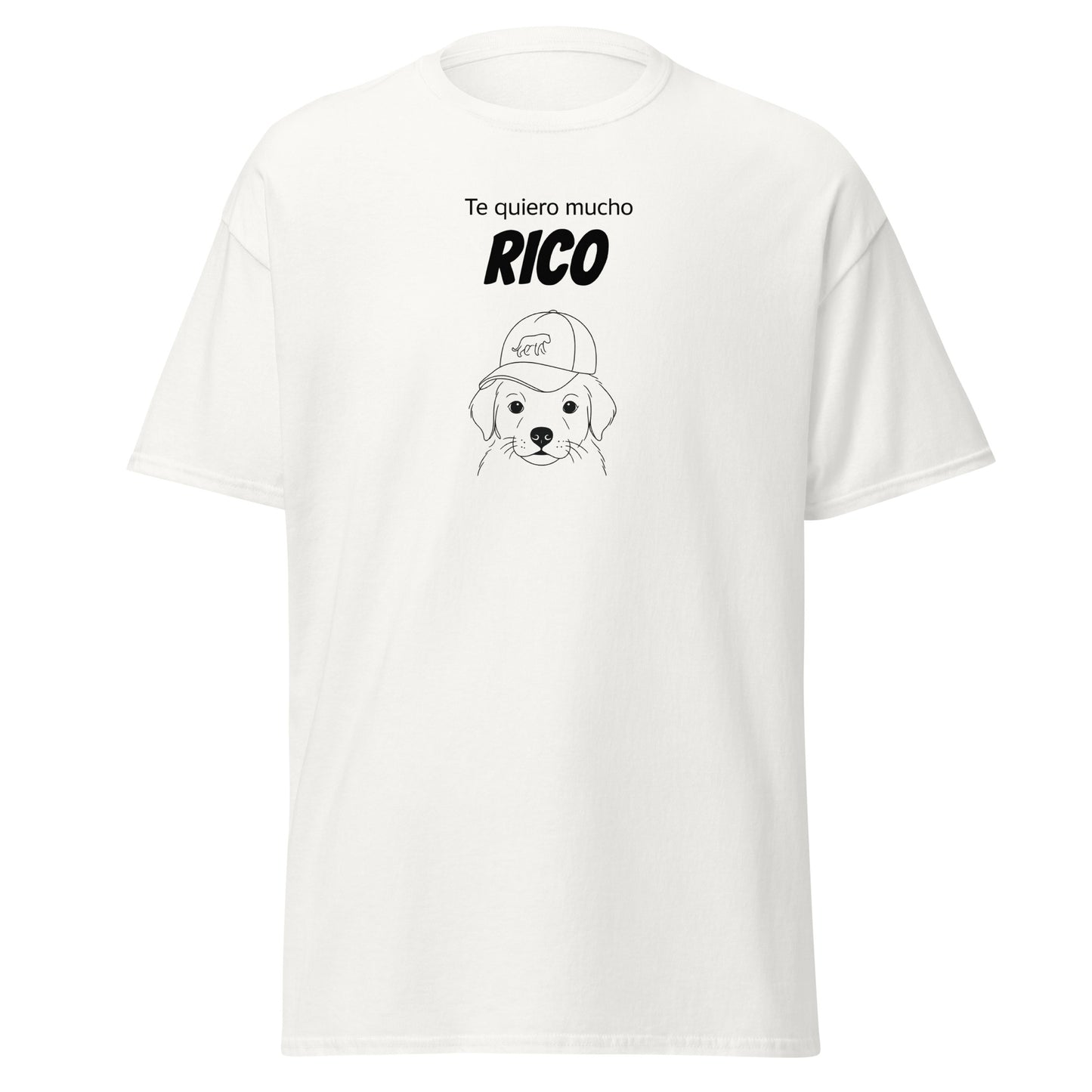 White t-shirt with a dog graphic and text on a white background