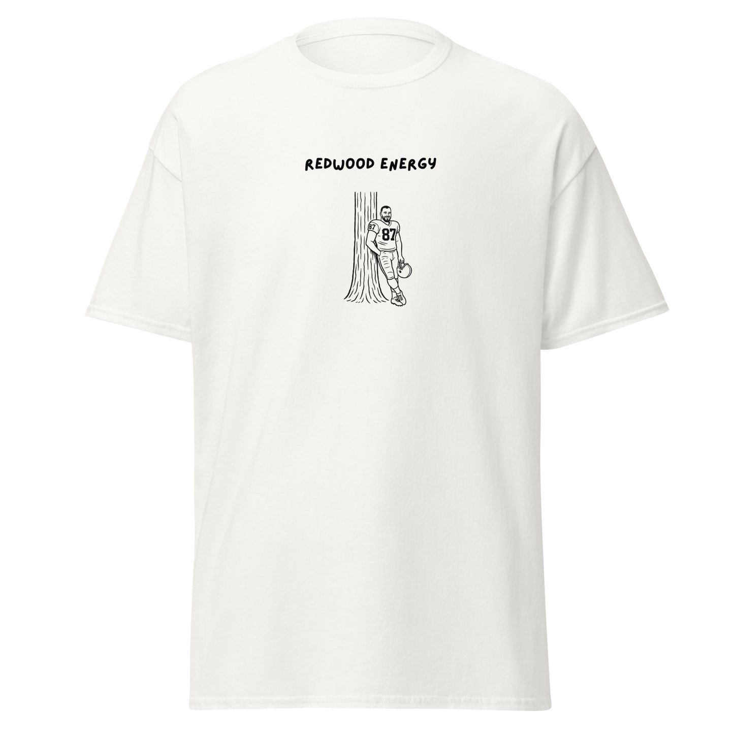 White t-shirt with black graphic and 'Redwood Energy' text on a white background