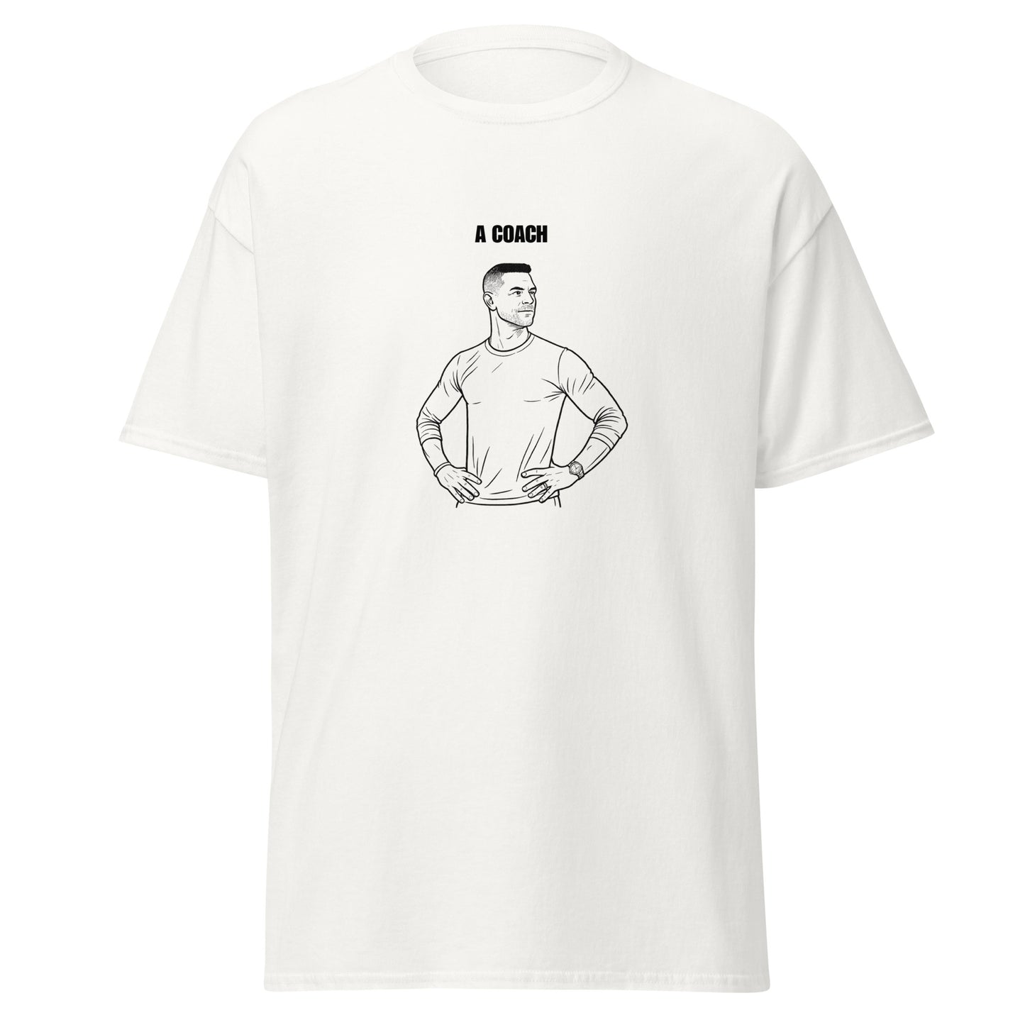 White t-shirt with a graphic of a coach and text on a white background