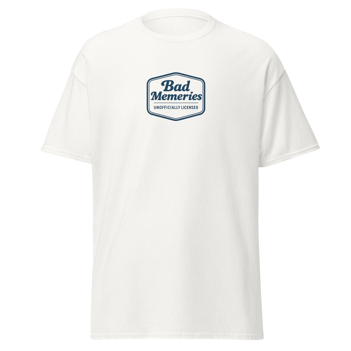 White t-shirt with 'Bad Memories' logo on a white background