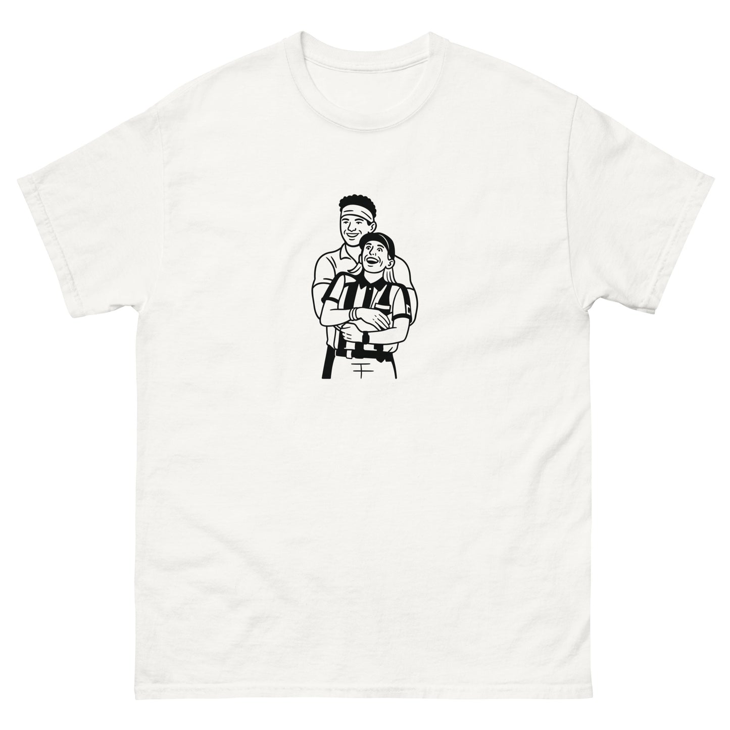 White t-shirt with black graphic of a couple hugging on a white background