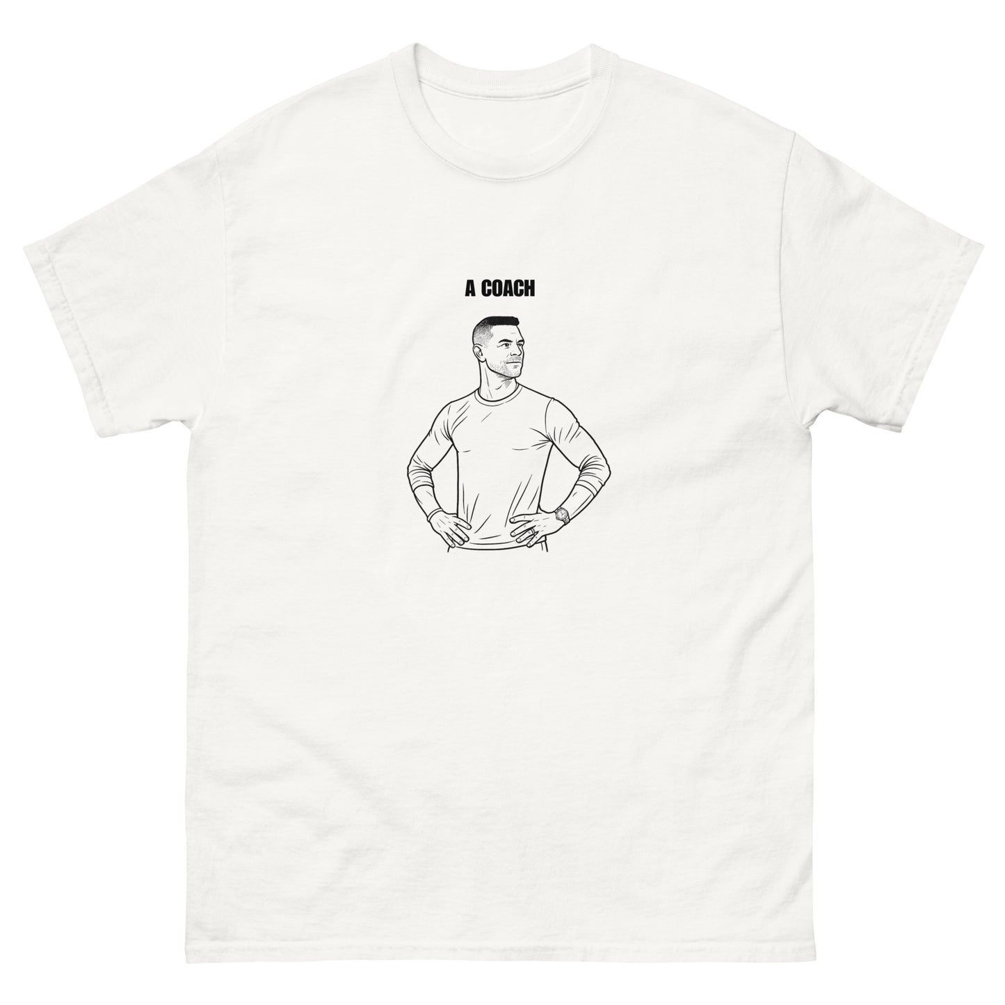 White t-shirt with a black line drawing of a coach and text on a white background
