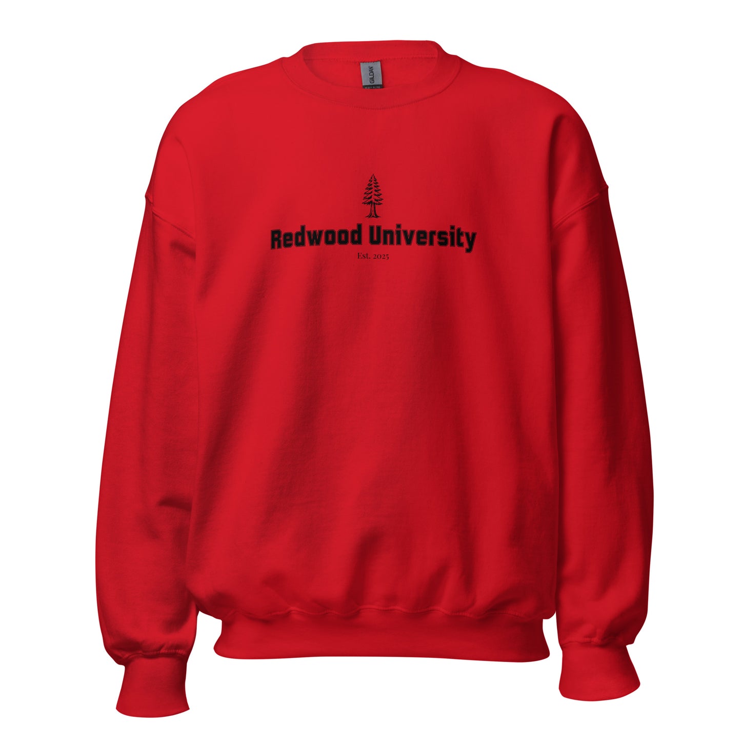 Red sweatshirt with 'Redwood University' text and logo on a white background