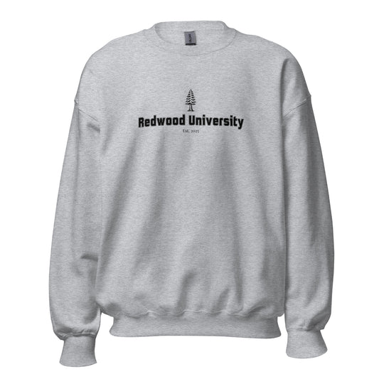Gray sweatshirt with 'Redwood University' text and logo on a white background