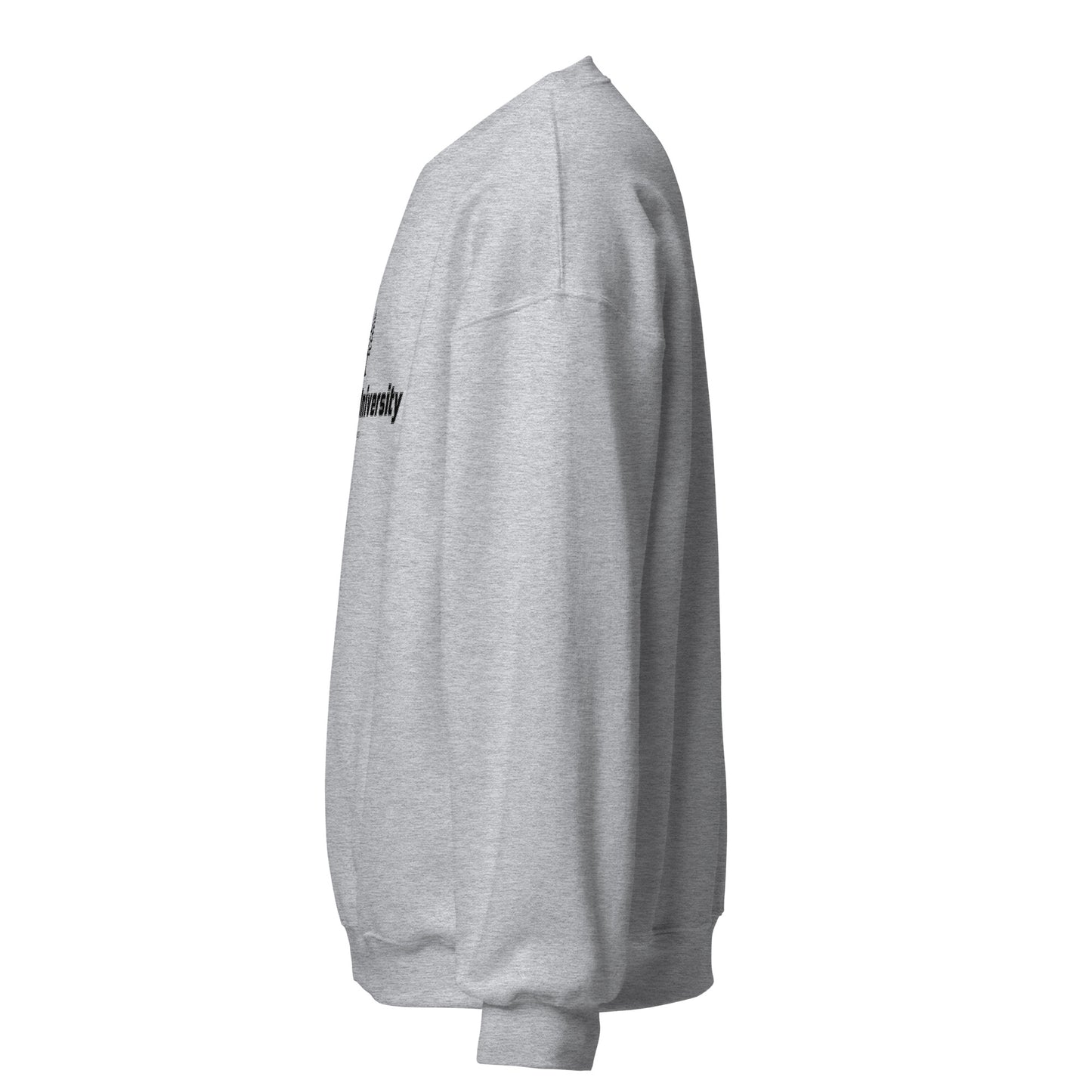 Gray sweatshirt with a logo on the chest against a white background