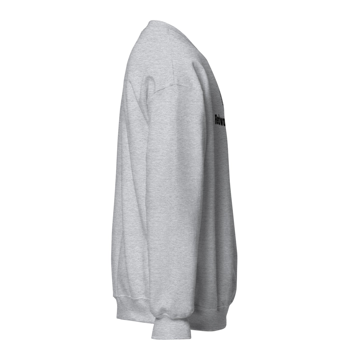 Gray sweatshirt with a brand logo on the sleeve against a white background