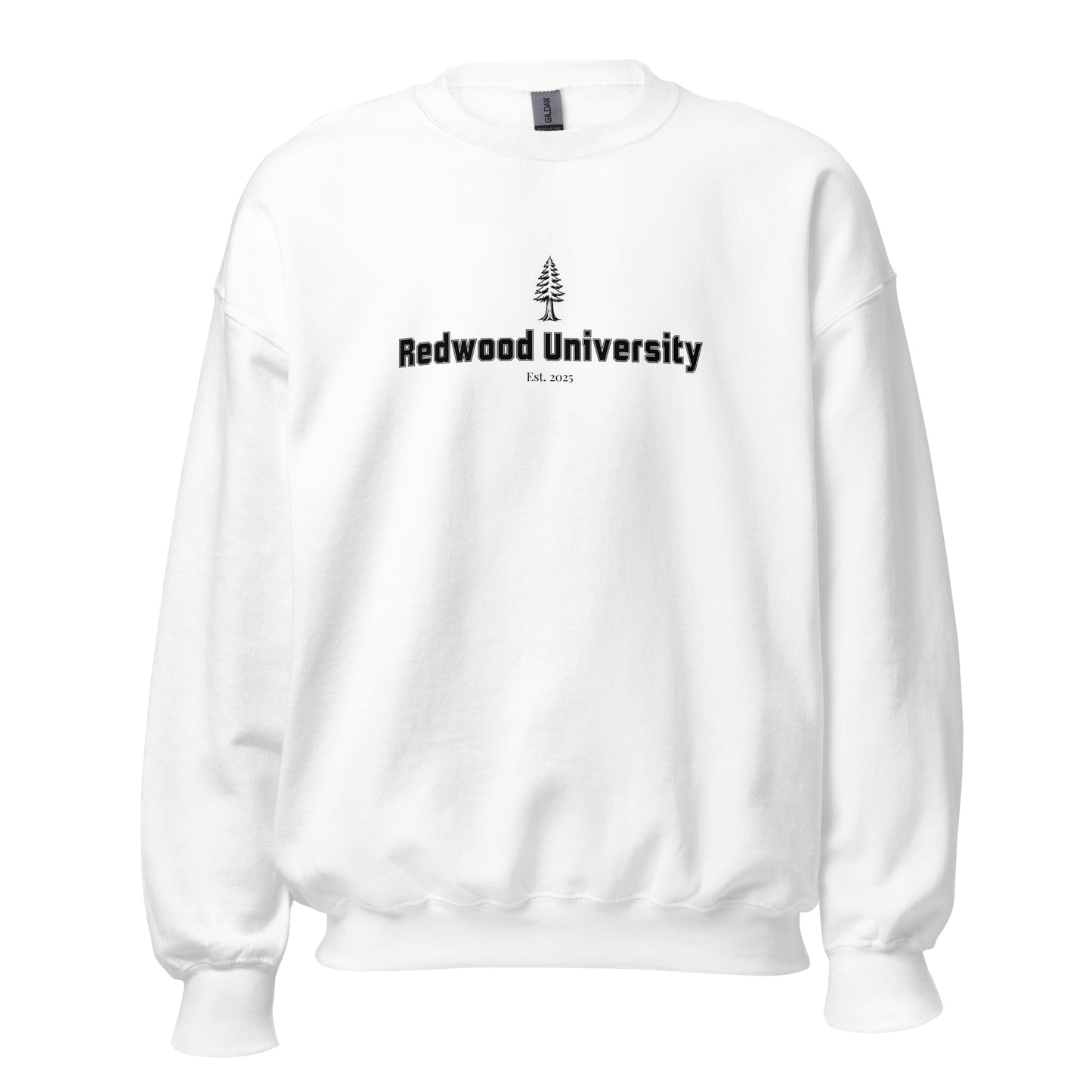 White sweatshirt with 'Redwood University' text and logo on a white background