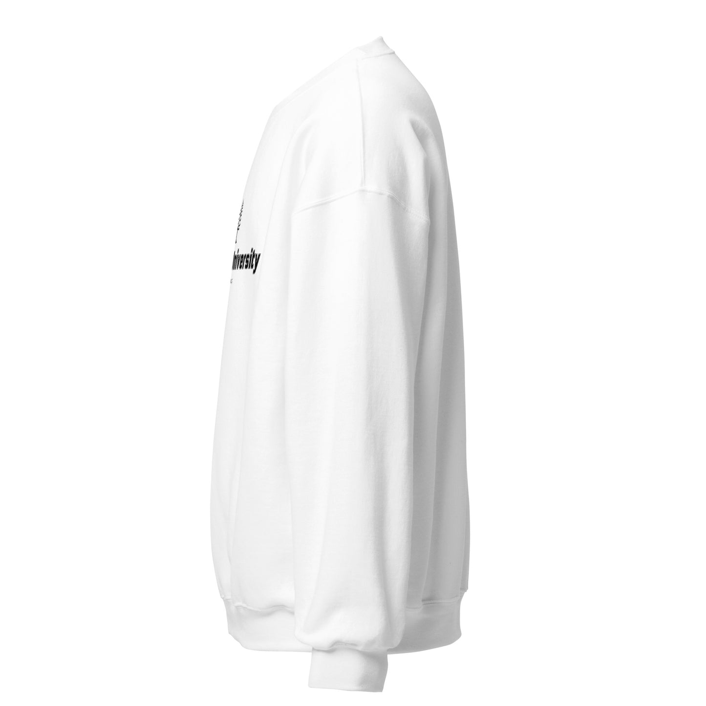 White sweatshirt with text on the sleeve against a white background