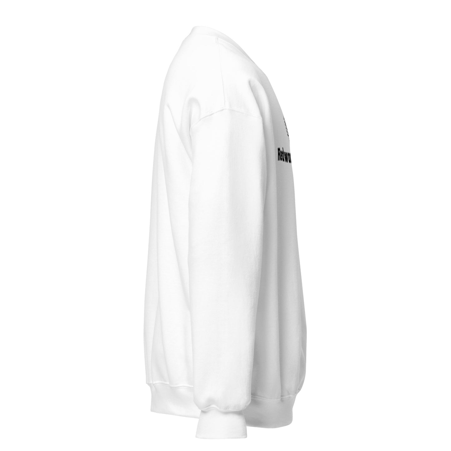 White sweatshirt with black text on the sleeve against a white background