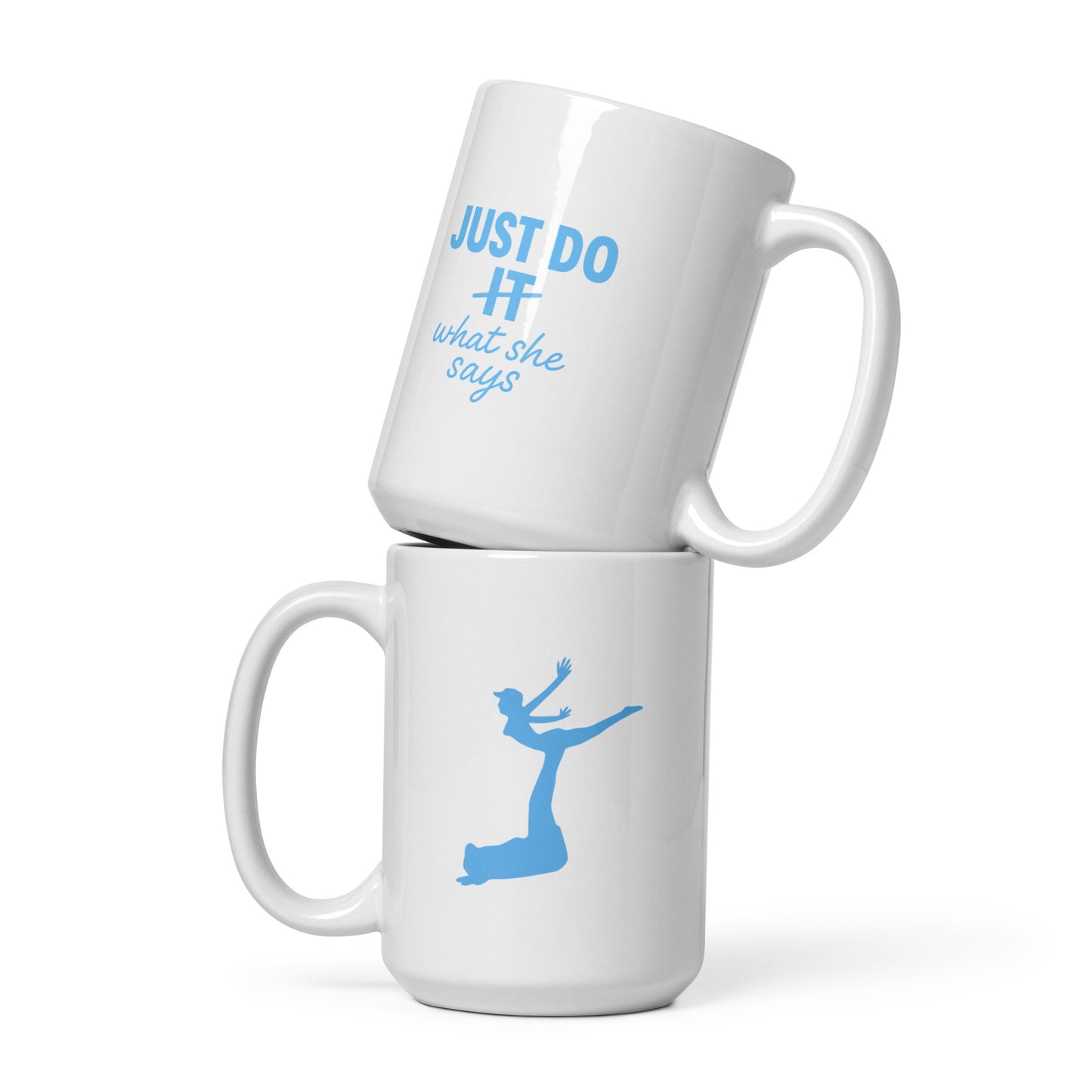 Two white mugs stacked on a white background, with text and a silhouette design.