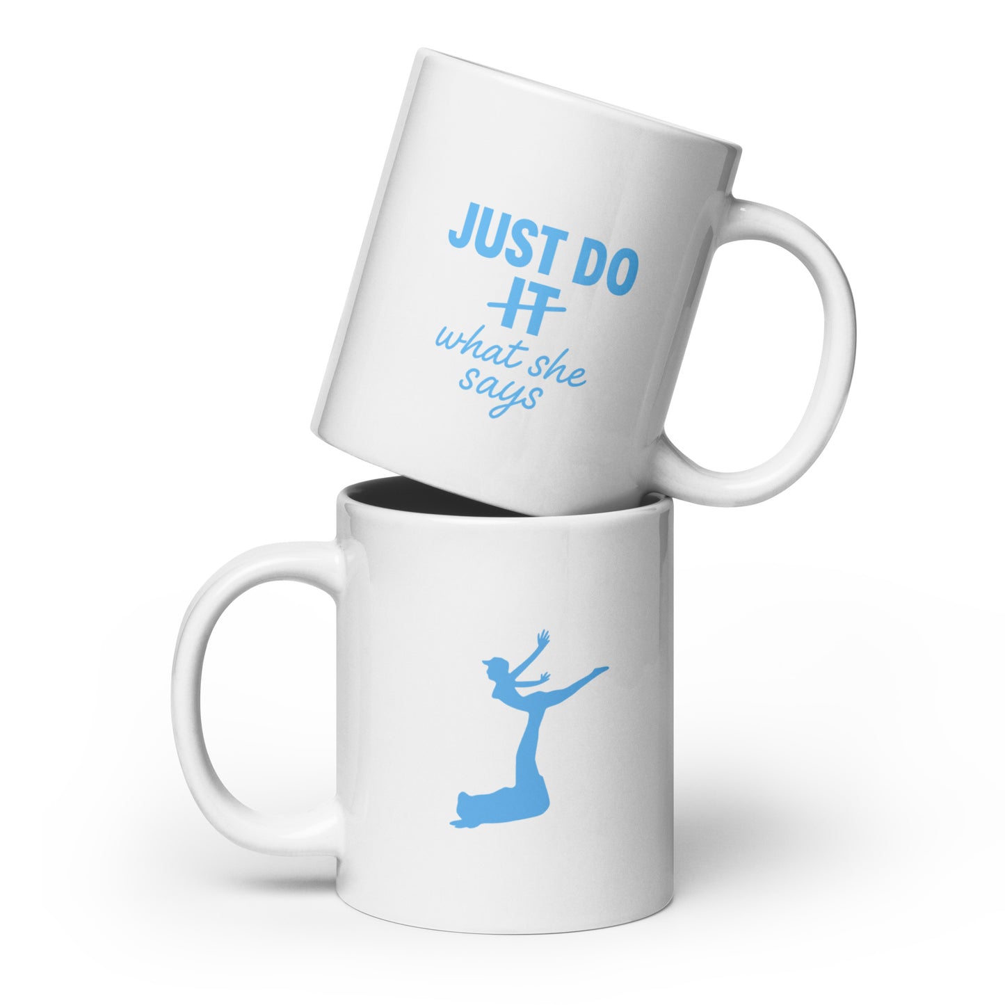 Two white mugs with blue text and graphics on a white background