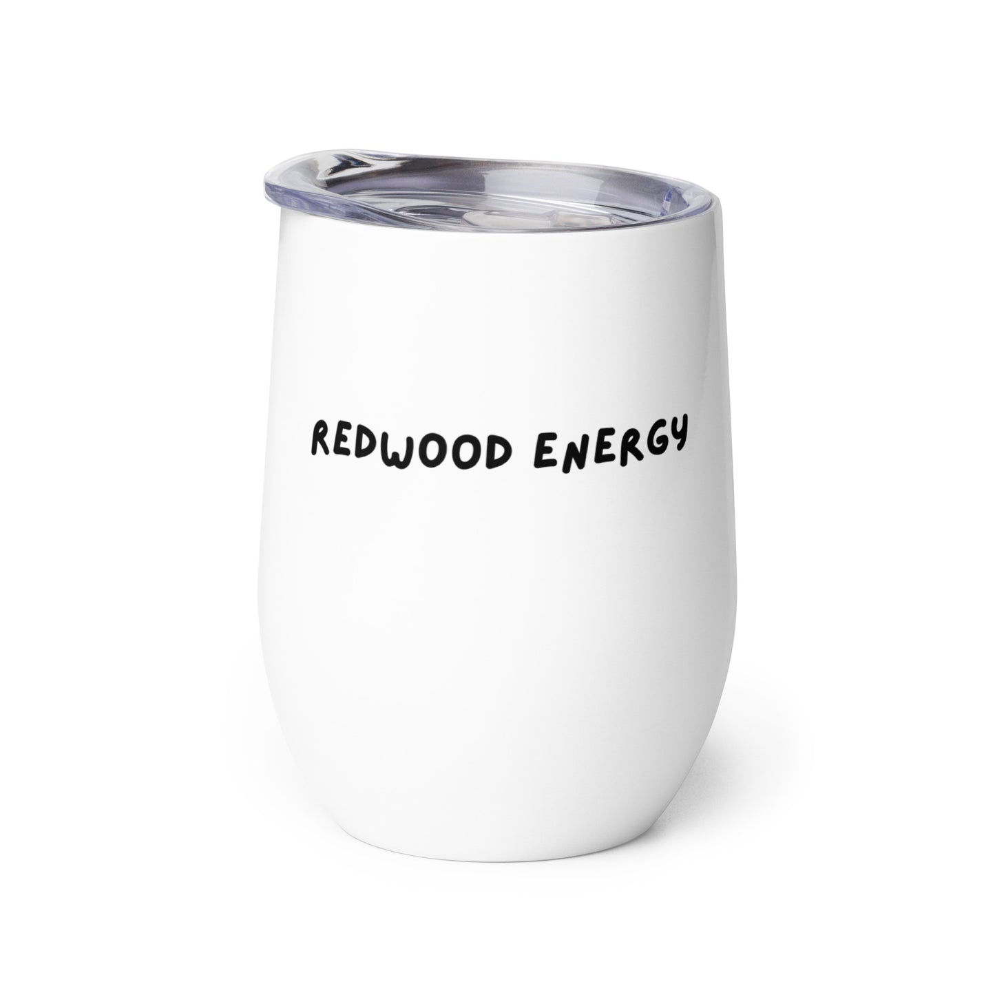 White tumbler with 'Redwood Energy' text on a white background
