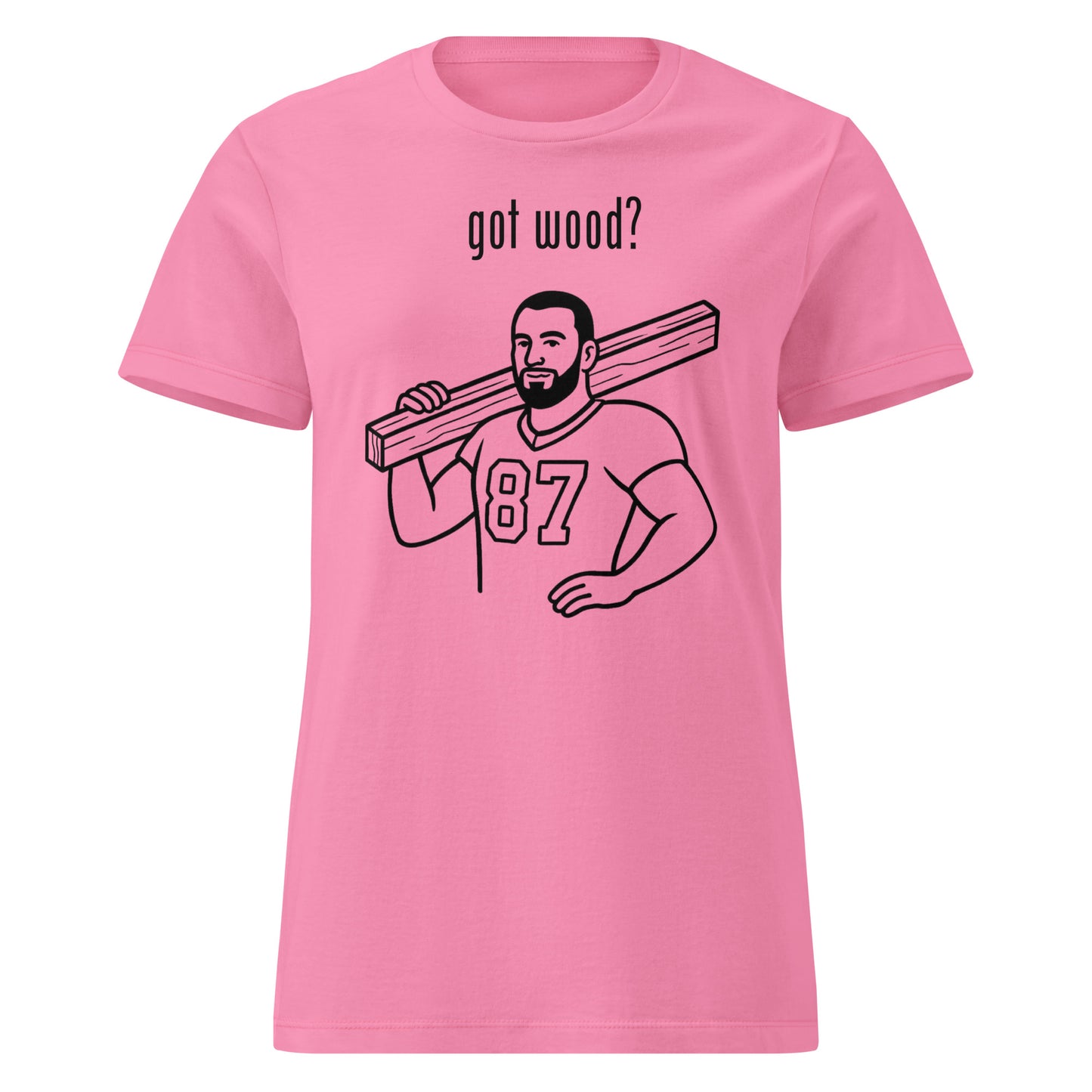 Pink t-shirt with graphic of a man holding wood and text 'got wood?' on a white background