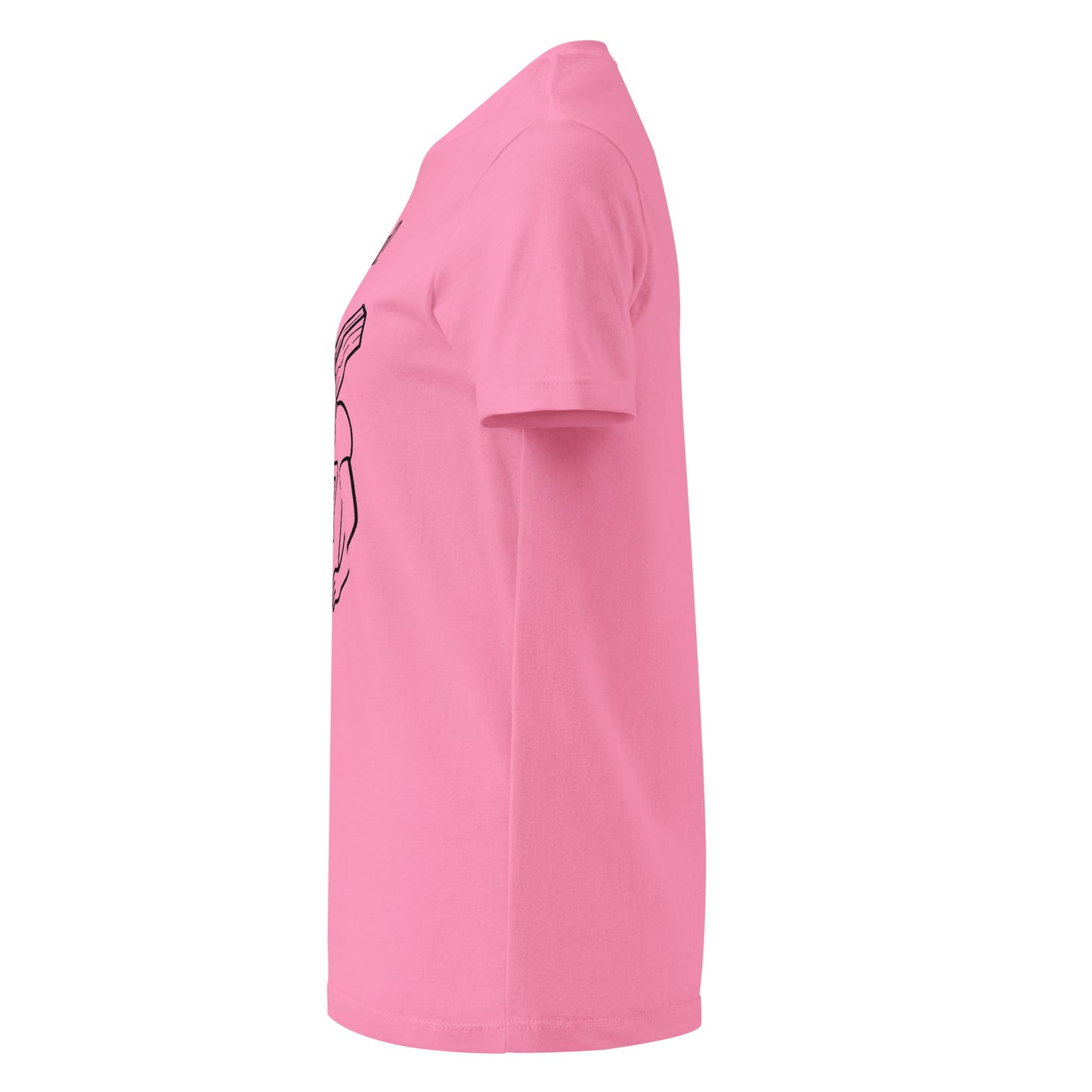 Pink t-shirt with a graphic design on a white background