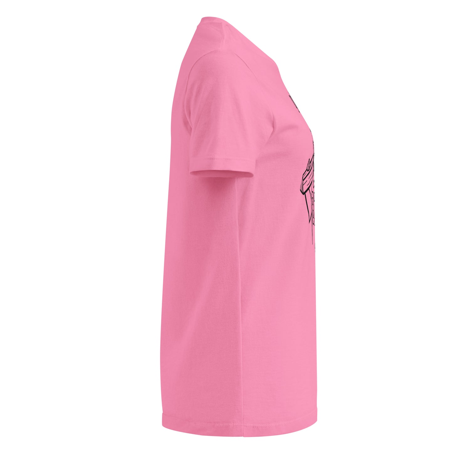 Pink t-shirt with a small graphic on the sleeve against a white background
