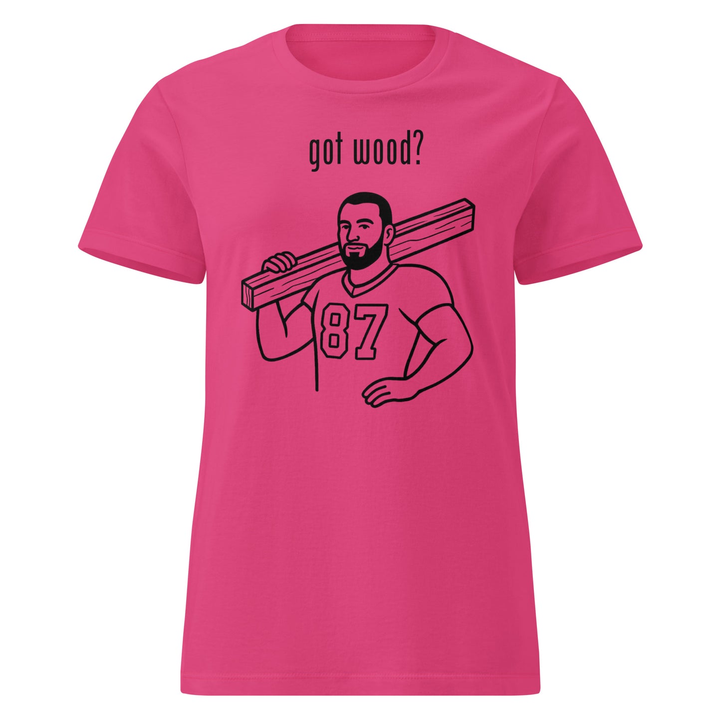 Pink t-shirt with graphic of a man carrying wood and text 'got wood?' on a white background