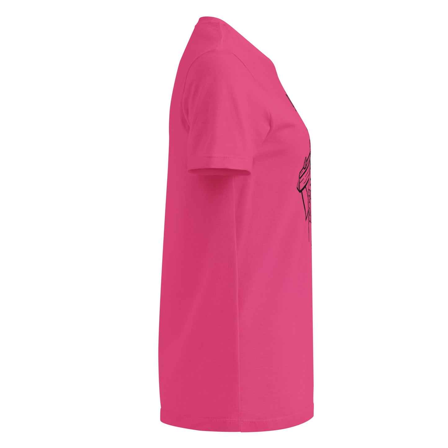 Pink t-shirt with a logo on the sleeve against a white background