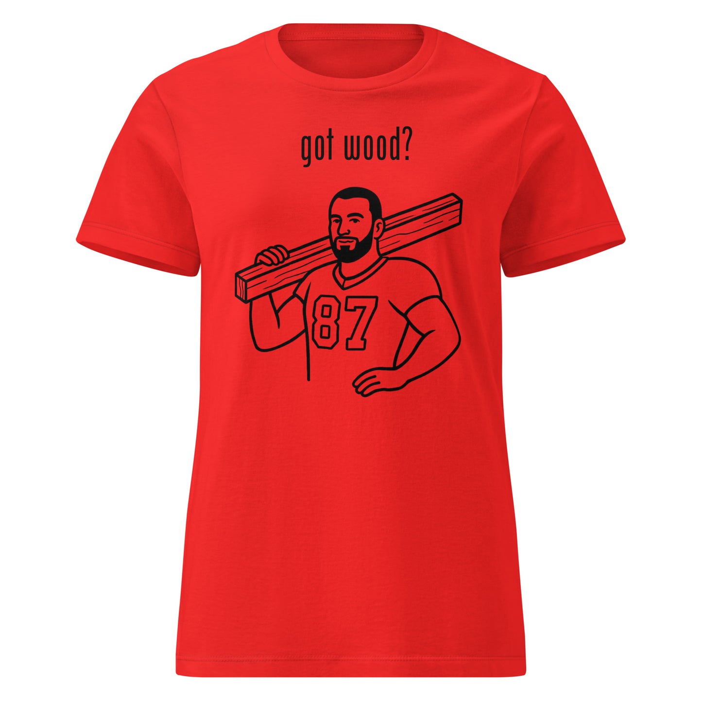 Red t-shirt with graphic of a man carrying wood and text 'got wood?' on a white background