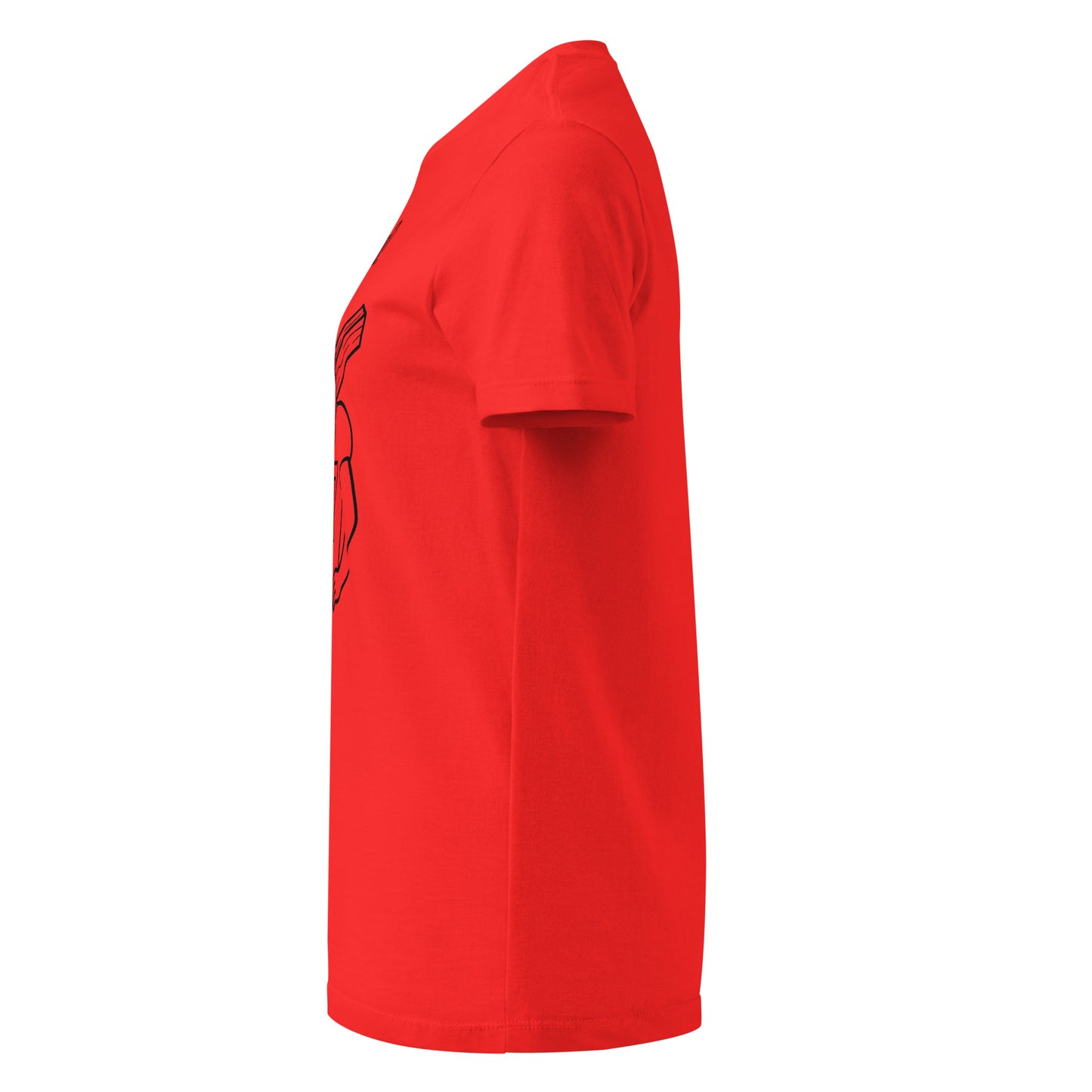 Red t-shirt with a graphic design on a white background