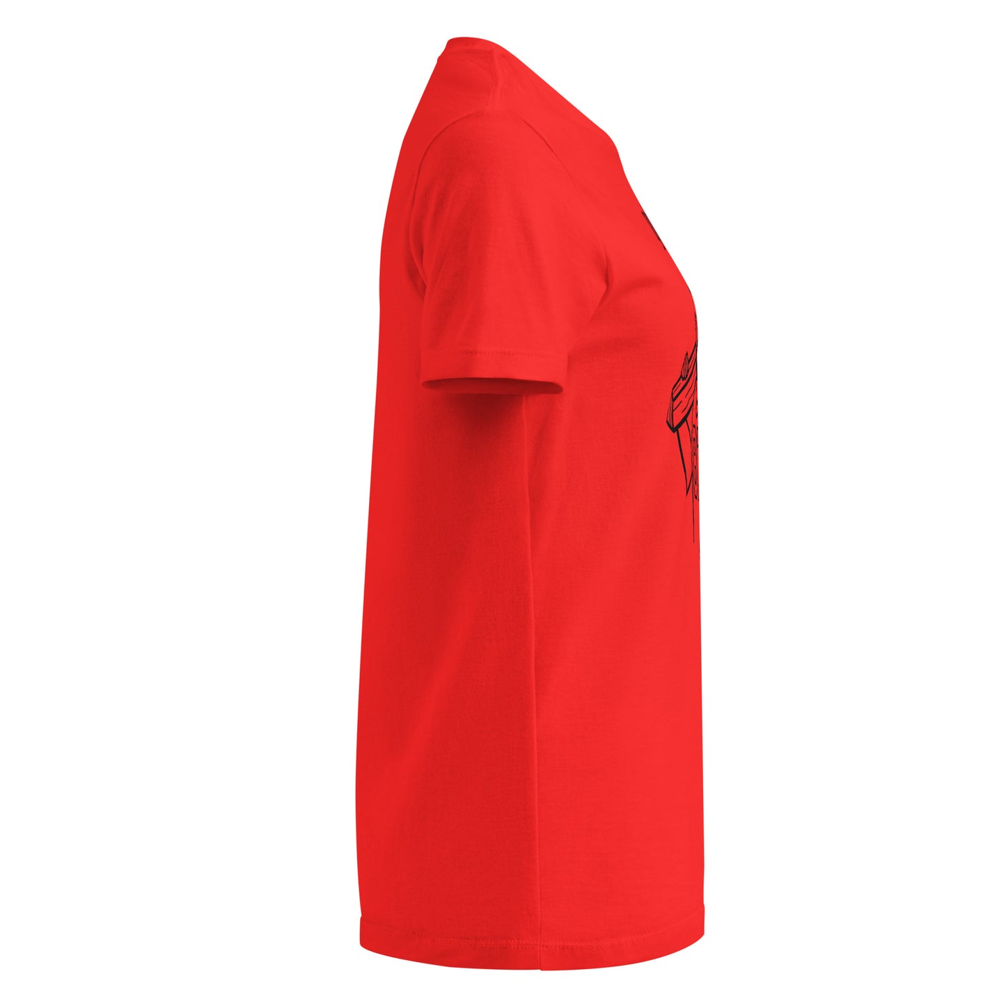 Red t-shirt with a small black logo on the sleeve against a white background