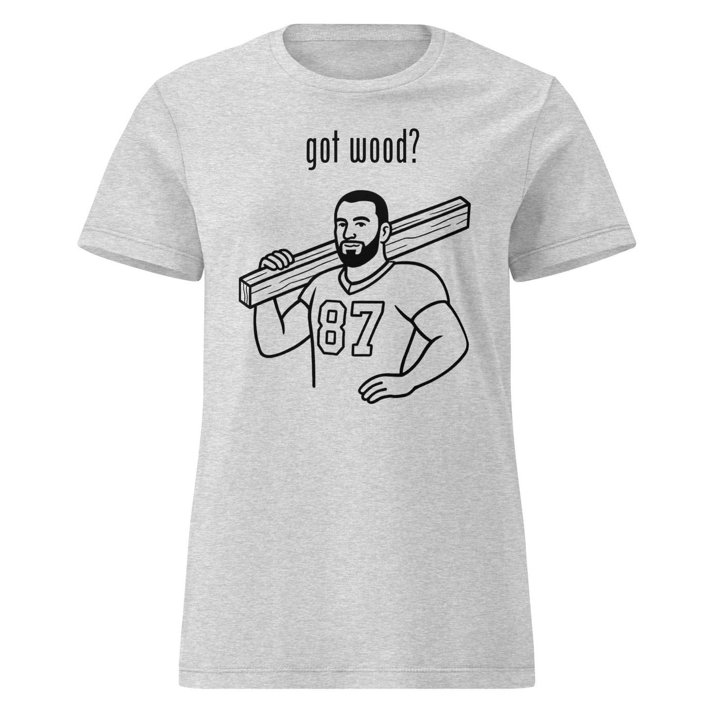 Gray t-shirt with a graphic of a man holding wood and the text 'got wood?' on a white background.